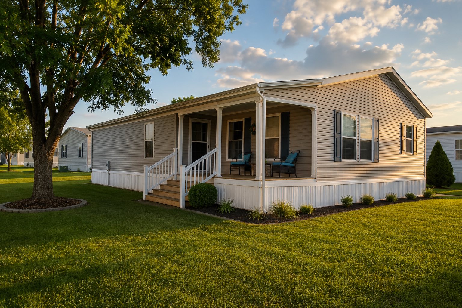 A well-kept double-wide manufactured home with a covered front porch